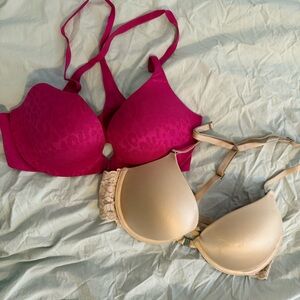 2 Victoria's Secret Push Up Bras - front clasp. Pink and beige Bras